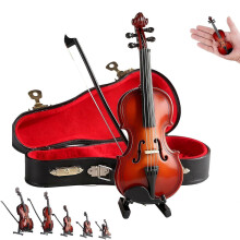 Miniature Violin 7cm Playable Handcrafted Wooden Tiny Violin Figurine Collectible Ornament with Stand for Home Decor