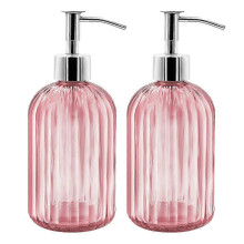2 Pack Pink Glass Soap Dispenser Bottles with Pump for Bathroom, Refillable Lotion Dispensers for Kitchen and Sink