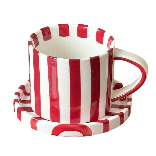 Easy Cleaning Front 5Inch Striped Ceramic Coffee Mugs and-Red