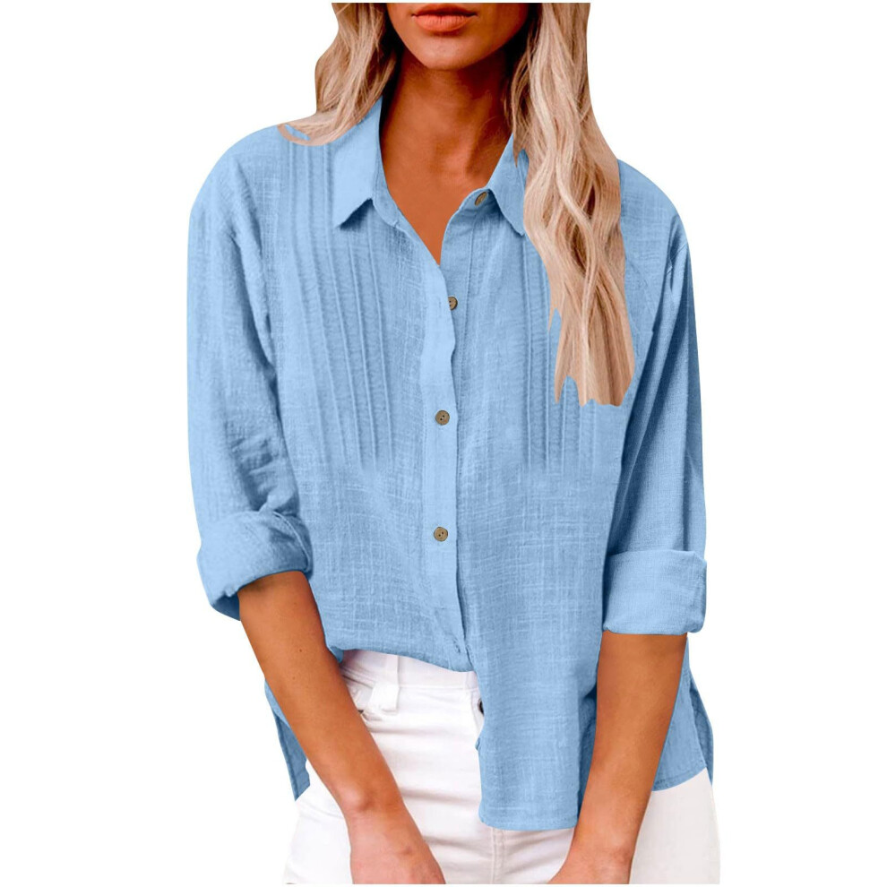 Sky Blue Women's Elegant Linen Cotton Lapel Neck Fold Shirt- M