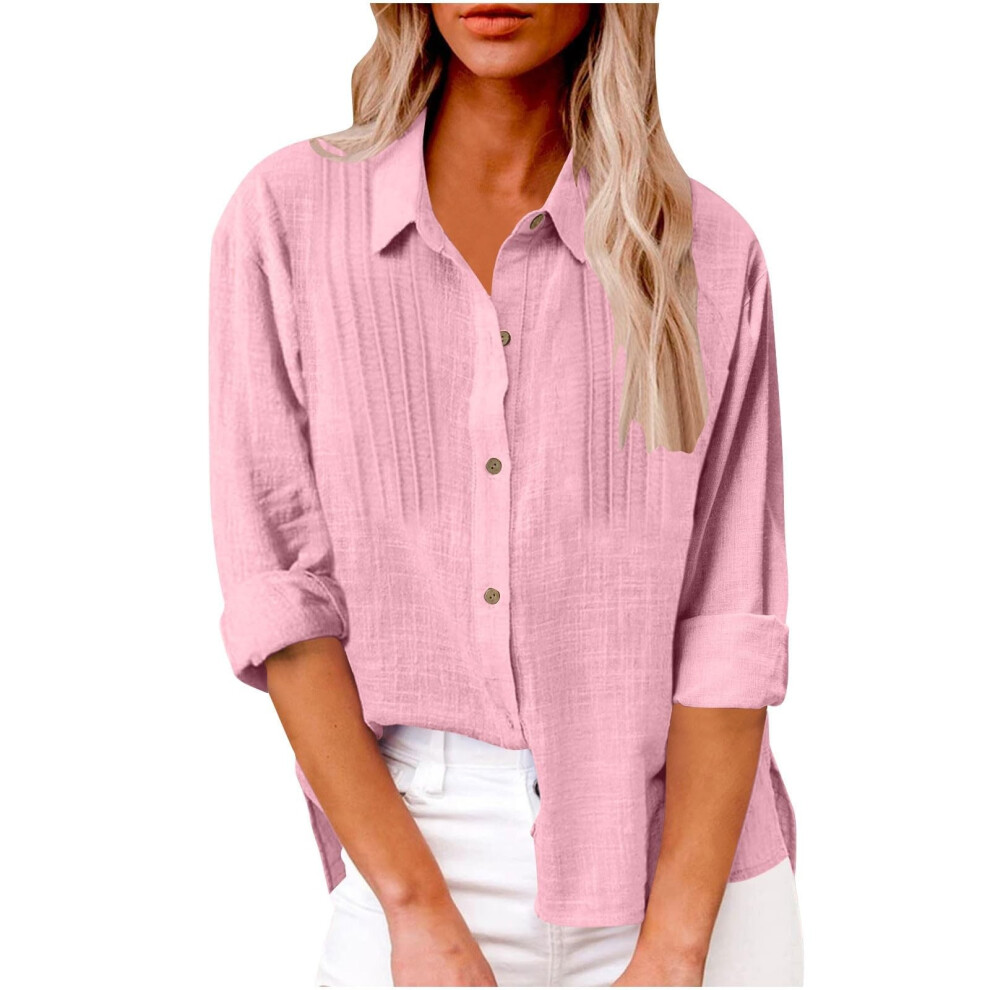 Gold Women's Elegant Linen Cotton Lapel Neck Fold Shirt-Rose L