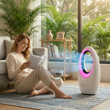 Bladeless Tower Fan with 60° Oscillating, LED Lights and 3 Speeds, White