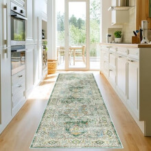 Vintage Washable Runner Rug 2'6" x 8' Green