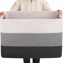 Panier de rangement rectangulaire en corde de coton gris, 108 L