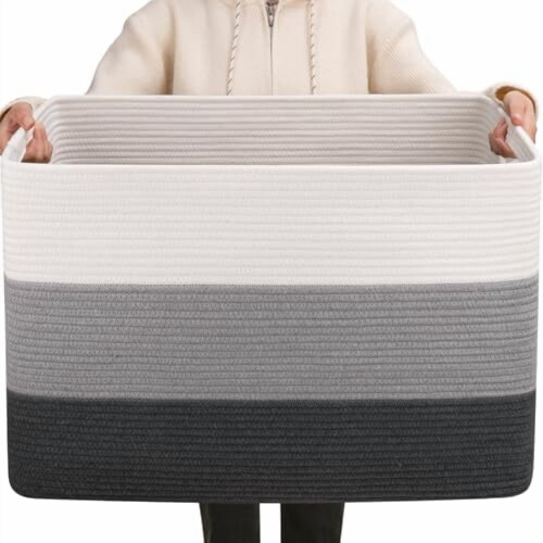Panier de rangement rectangulaire en corde de coton gris, 108 L