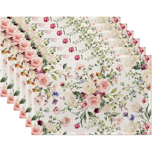 Linnen placemats set van 6: roze, wit, roos en eucalyptus