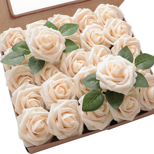 50 roses en mousse champagne avec tiges