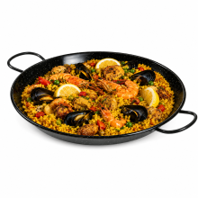 Traditional Enamel Paella Pan with Handles Black Speckled Steel Cooking Pan for Paella Rice Seafood Biryani 40cm