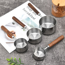 Hariumiu Stainless Steel Measuring Cups with Wood Handle Coffee Bean Graduated Measuring Spoon for Cooking Baking Dog Cat Food