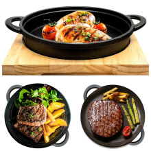 Cast Iron Sizzle Platter Steak Sizzler Serving Plate Sizzling Dish Wooden Base