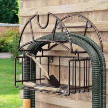 Garden Hose Holder Wall Mount, Heavy Duty Metal Hose Hanger with Tool Storage Basket for Outdoor Garden And Garage Use