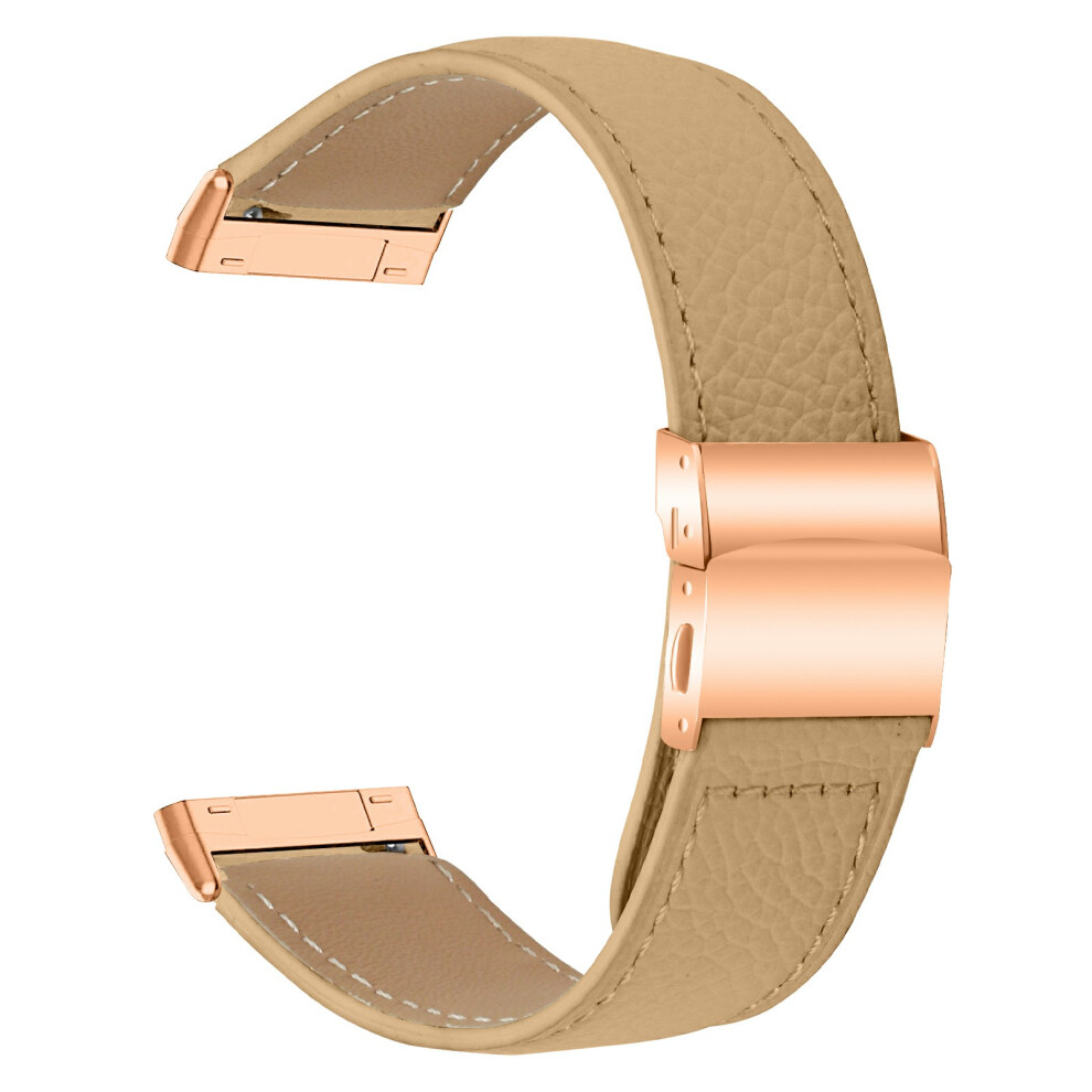 (Camel) For Fitbit Versa 3 / Sense Genuine Leather Watch Band With Rose Connector Turtle Back Buckle Gold 6914293605566