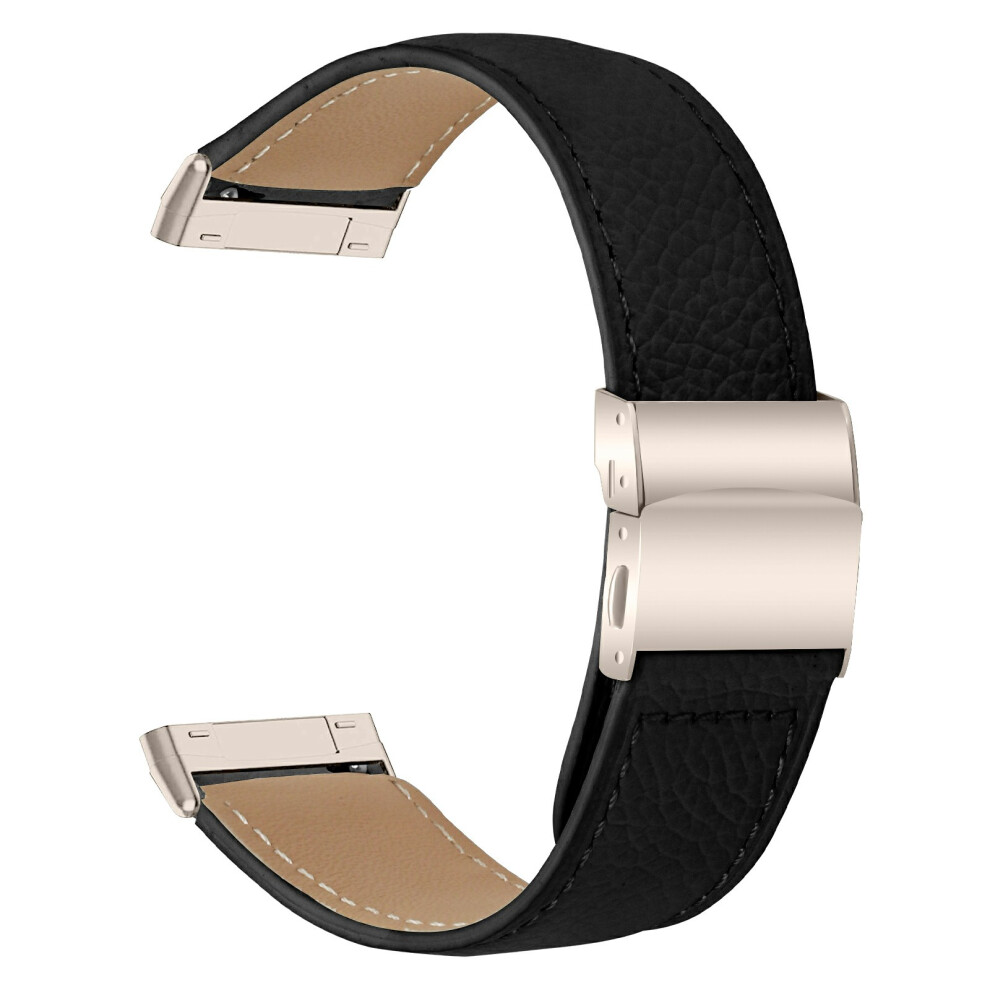 (Black) For Fitbit Versa 3 / Sense Genuine Leather Watch Band With Starlight Connector Turtle Back Buckle Black 6914296532005