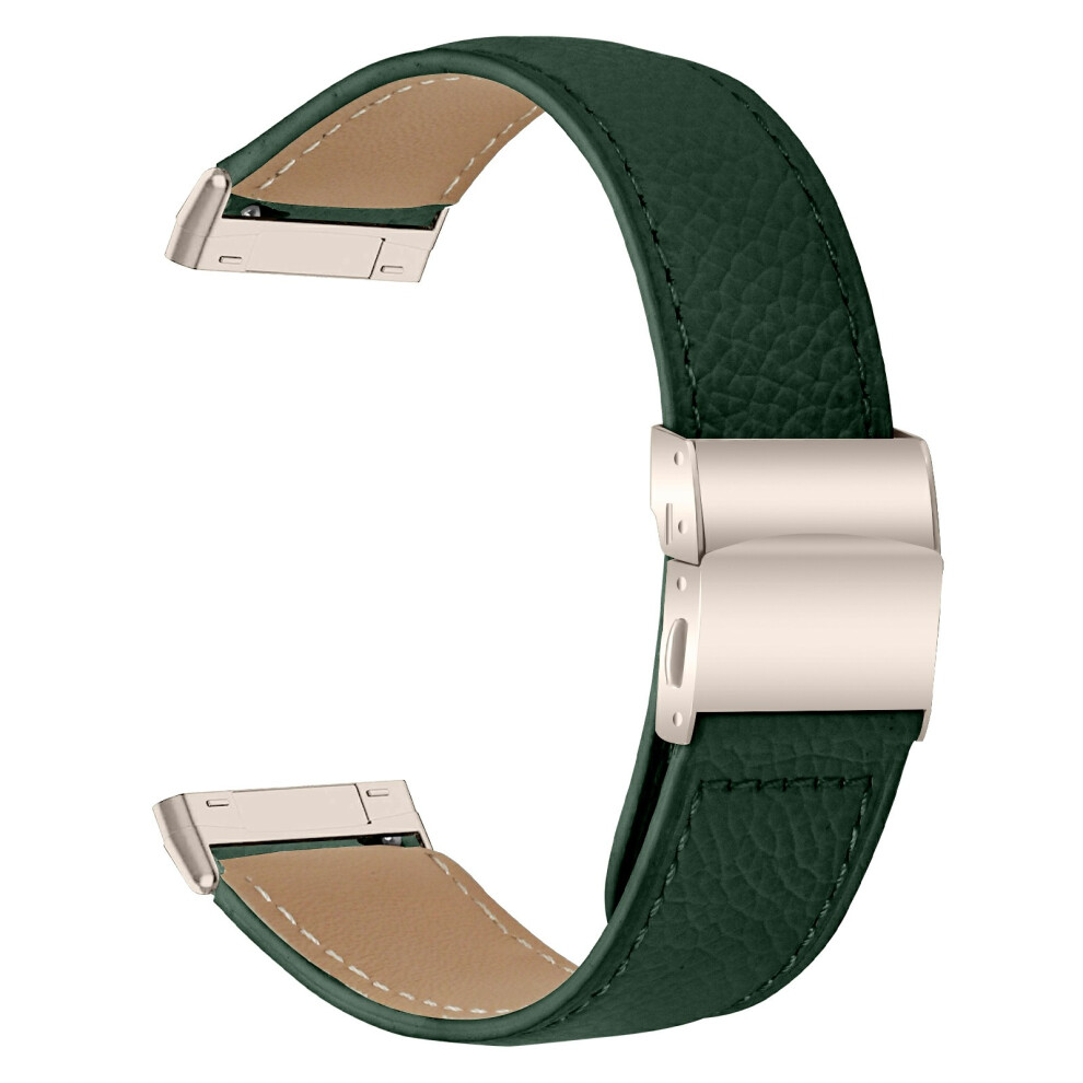 (Green) For Fitbit Versa 3 / Sense Genuine Leather Watch Band With Starlight Connector Turtle Back Buckle Green 6914296218626