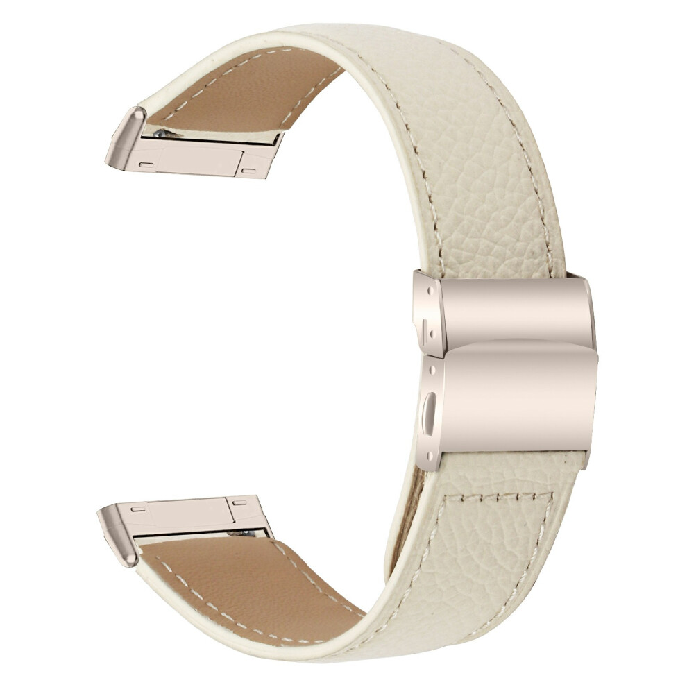 (Beige) For Fitbit Versa 3 / Sense Genuine Leather Watch Band With Starlight Connector Turtle Back Buckle Cream 6914298657133