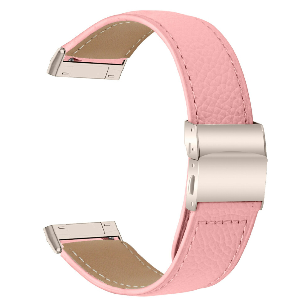 (Pink) For Fitbit Versa 3 / Sense Genuine Leather Watch Band With Starlight Connector Turtle Back Buckle Pink 6914290051311