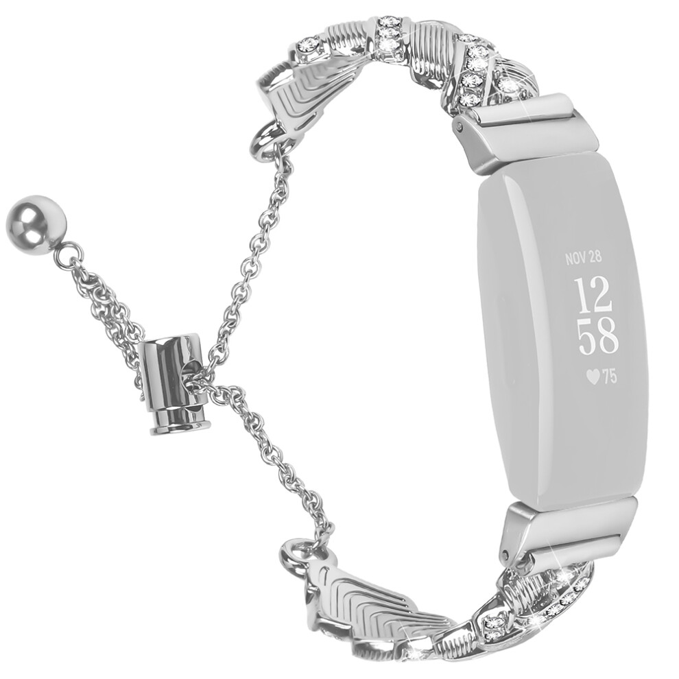 (Silver) Watch Band For Fitbit Inspire / Inspire 2 / Inspire Hr Drawstring Lock Zinc Alloy Rhinestone Decor Bracelet Strap Silver 6914296686647