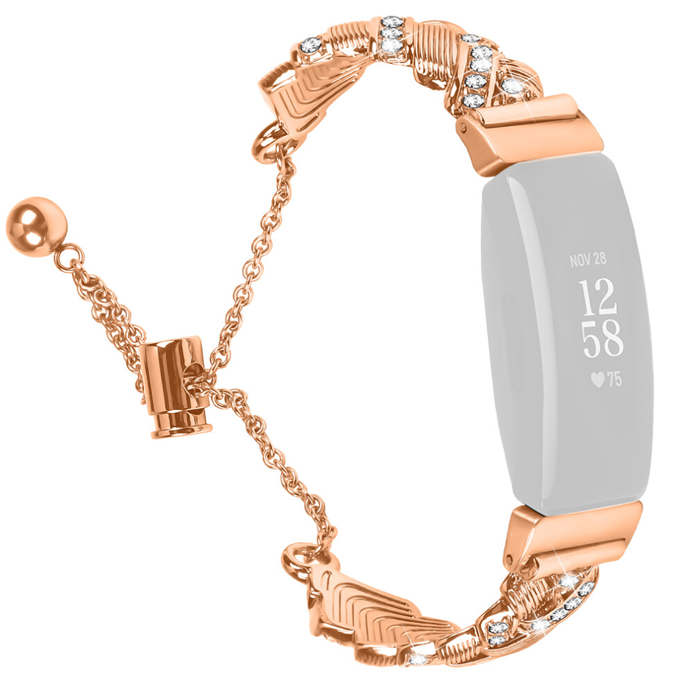 (Rose ) Watch Band For Fitbit Inspire / Inspire 2 / Inspire Hr Drawstring Lock Electroplated Zinc Alloy Rhinestone Decor Brace Gold 6914293045539