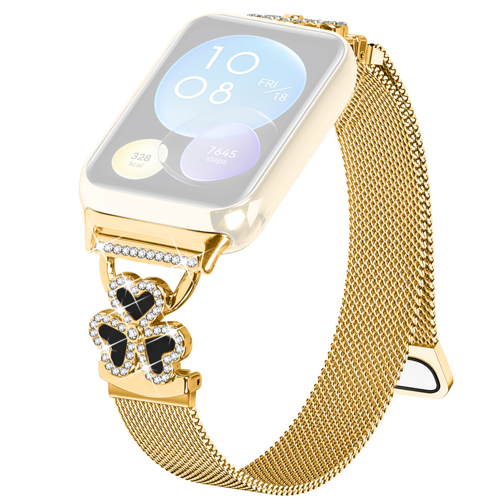 (+ Shell) Electroplated Milanese Strap For Xiaomi Smart Band 9 Pro / 8 Pro Heart Clover Watchband Gold/Black 6914292140174