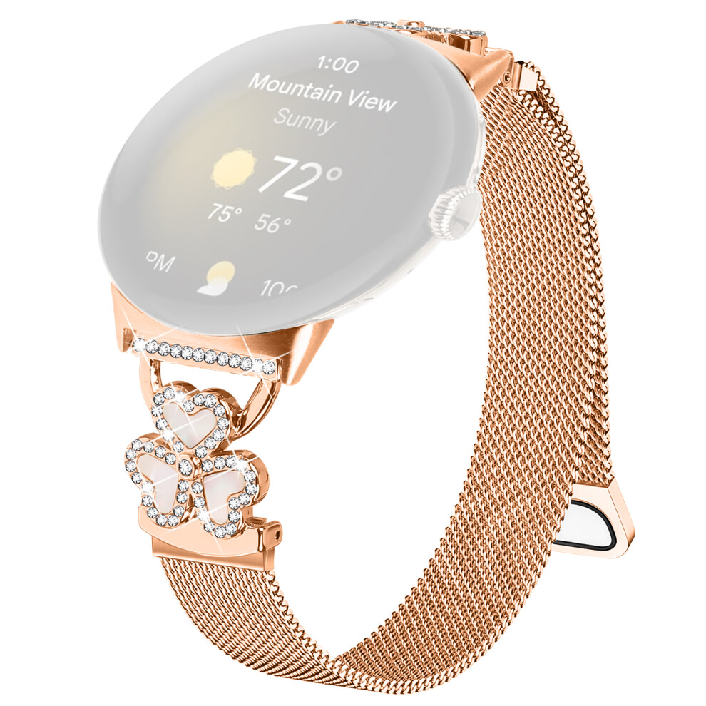 (Rose +Colorful Shell) Electroplated Milanese Strap For Google Pixel Watch 4 41Mm / Watch 3 41Mm / Watch / Watch 2 Heart Clover Watchband Gold 6914298205716