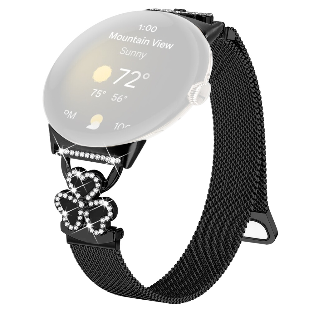 (Black+ Shell) Electroplated Milanese Strap For Google Pixel Watch 4 41Mm / Watch 3 41Mm / Watch / Watch 2 Heart Clover Watchband Black 6914299841913