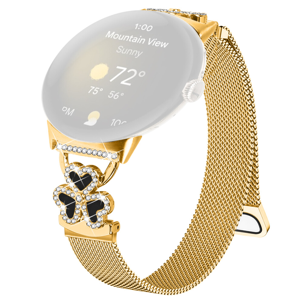 (+ Shell) Electroplated Milanese Strap For Google Pixel Watch 4 41Mm / Watch 3 41Mm / Watch / Watch 2 Heart Clover Watchband Gold/Black 6914293577863