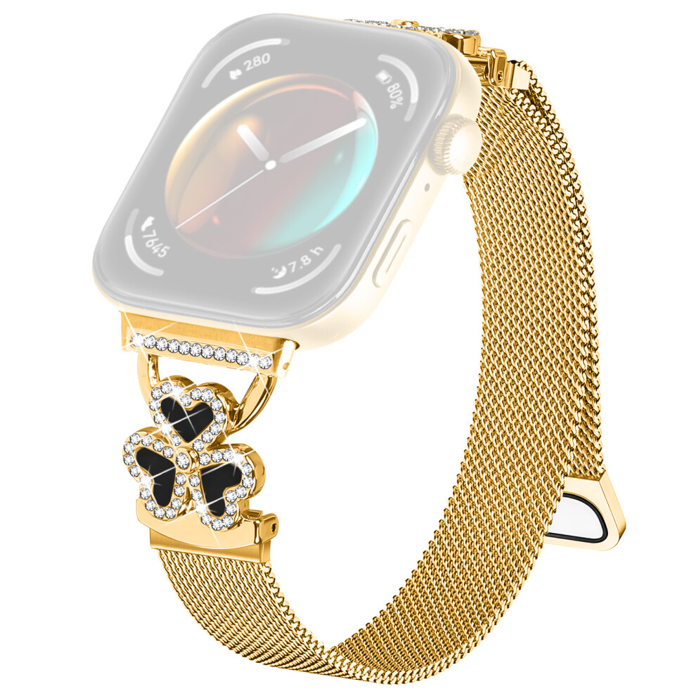 (+ Shell) Electroplated Milanese Strap For Huawei Watch Fit 4 Pro / Fit 4 / Fit 3 Heart Clover Watchband Gold/Black 6914299105145