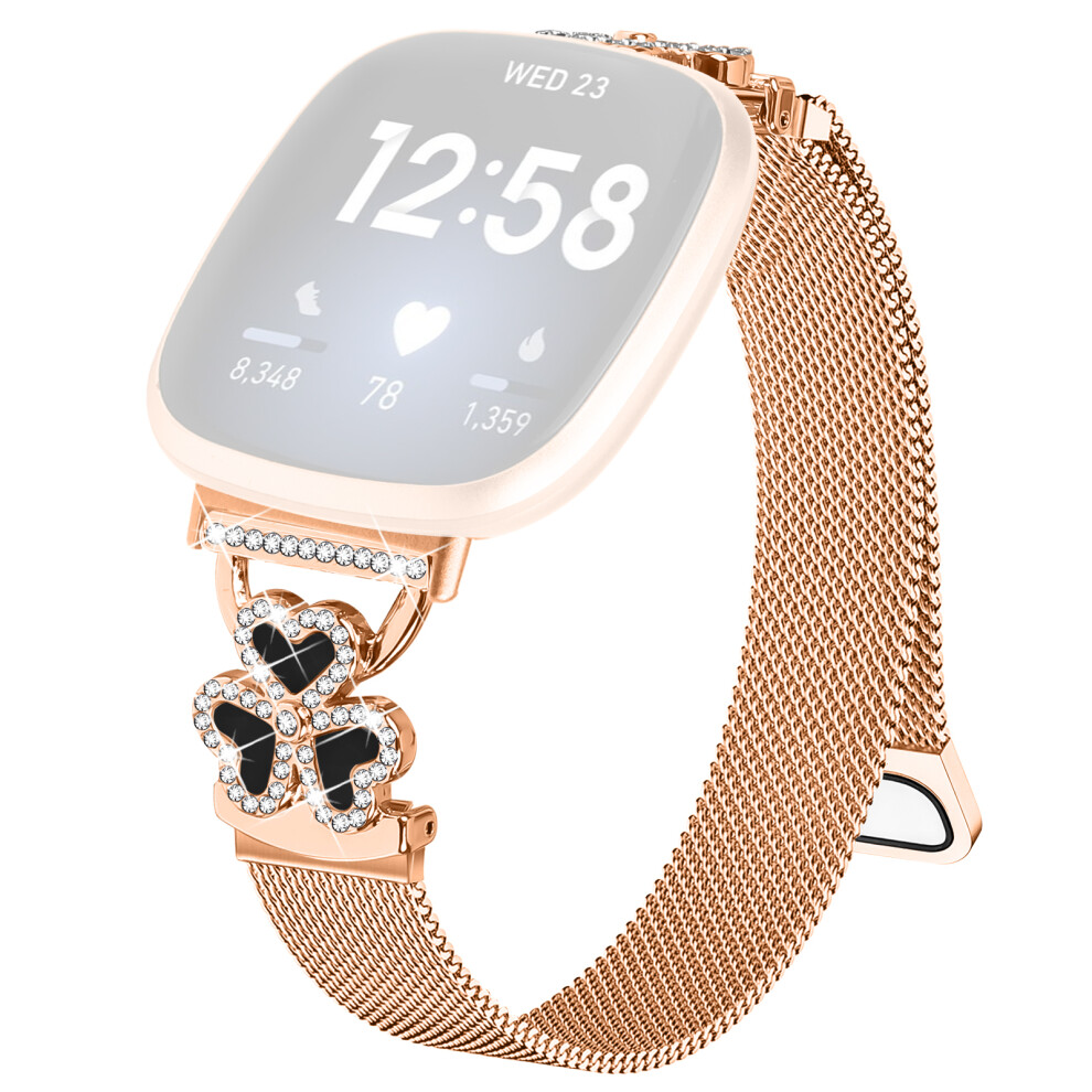 (Rose + Shell) Electroplated Milanese Strap For Fitbit Versa 4 / 3 / Sense 2 Heart Clover Watchband Gold/Black 6914290063352