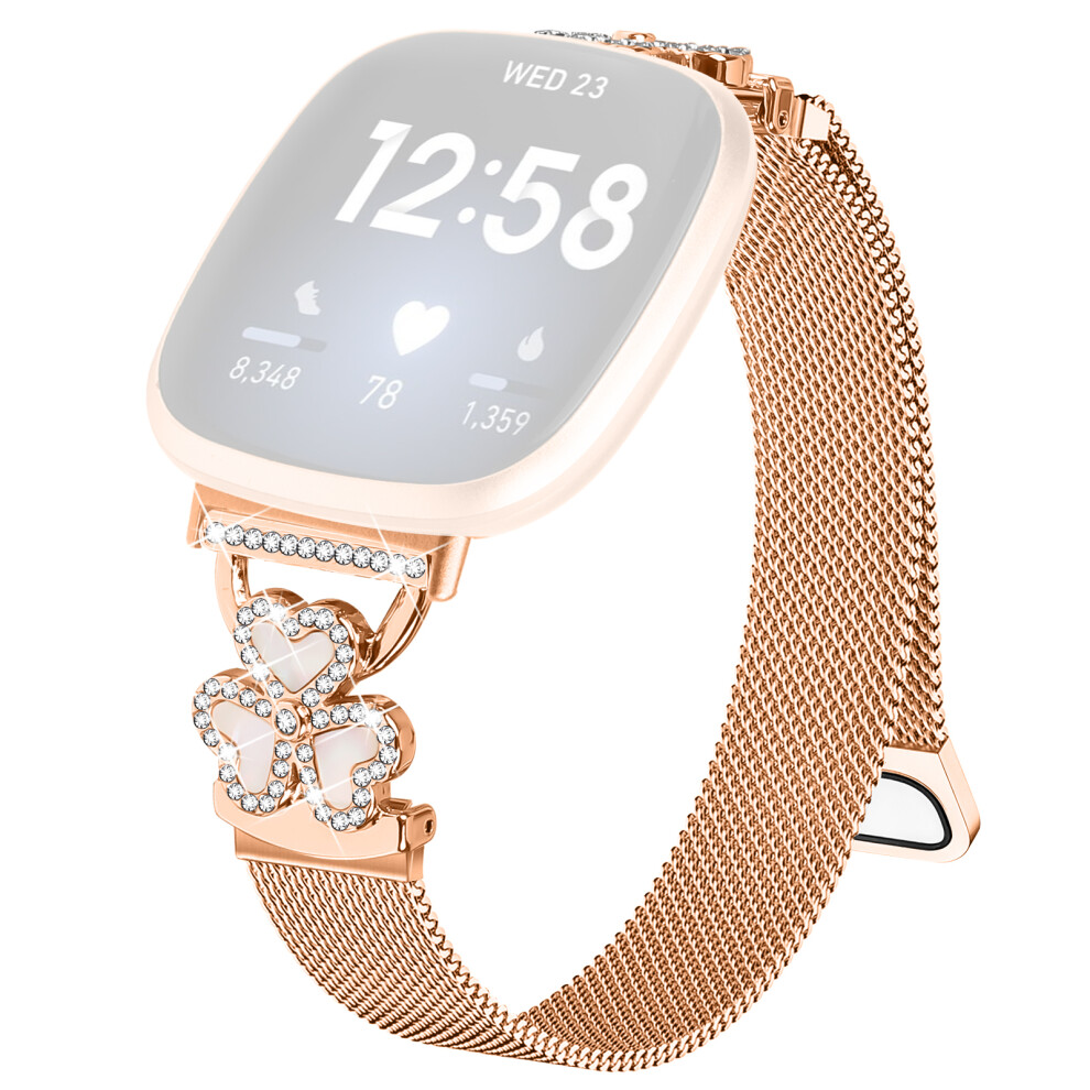 (Rose +Colorful Shell) Electroplated Milanese Strap For Fitbit Versa 4 / 3 / Sense 2 Heart Clover Watchband Gold 6914299214298