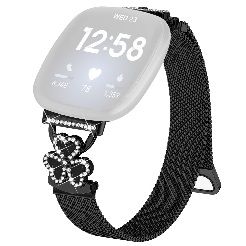 (Black+ Shell) Electroplated Milanese Strap For Fitbit Versa 4 / 3 / Sense 2 Heart Clover Watchband Black 6914295381819