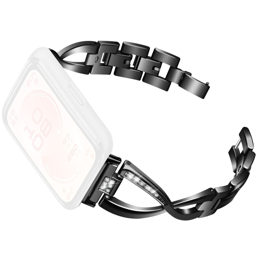 (Black) Large X Design Watch Strap For Huawei Band 11 Pro Nfc / 11 Nfc / 11 Pro / 11 Rhinestone Decor Zinc Alloy Band Black 6914290071777