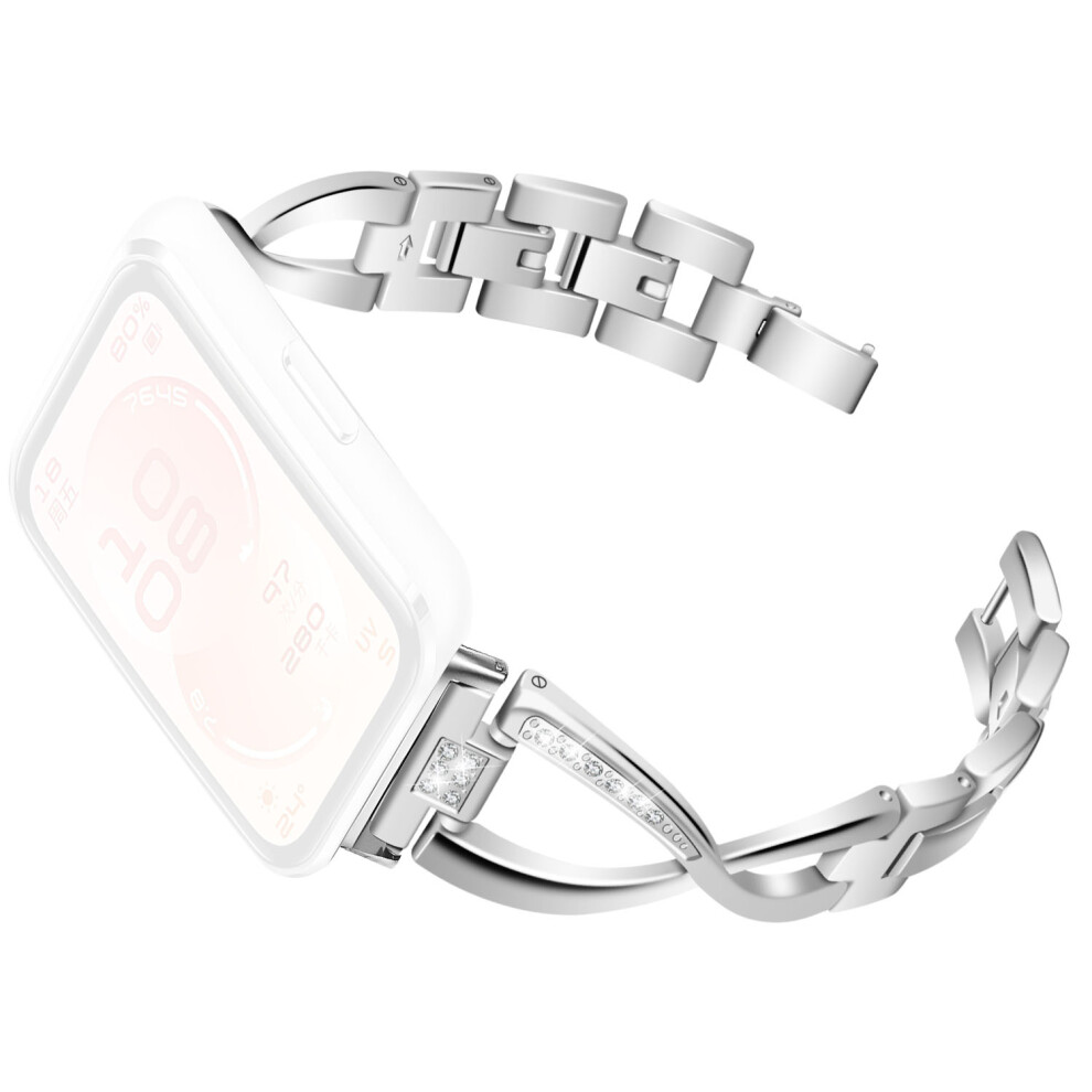 (Silver) Large X Design Watch Strap For Huawei Band 11 Pro Nfc / 11 Nfc / 11 Pro / 11 Rhinestone Decor Zinc Alloy Band Silver 6914297703770
