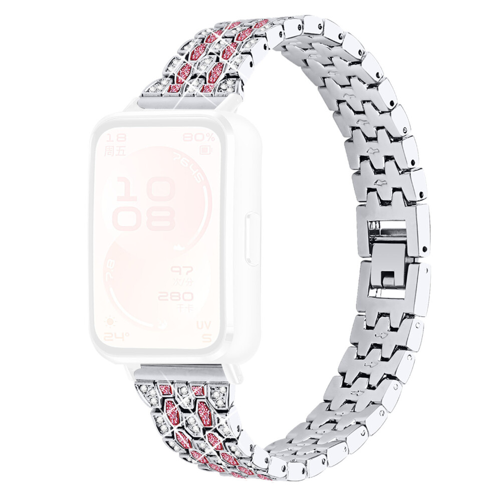 (Silver+Rose) Metal Watch Band For Huawei Band 11 Pro Nfc / 11 Nfc / 11 Pro / 11 Rhinestones Decor Replacement Strap Silver 6914294027619