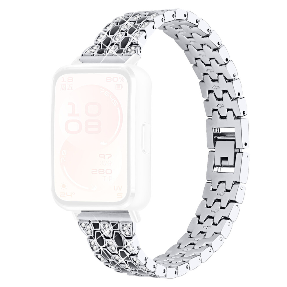 (+Black) Metal Watch Band For Huawei Band 11 Pro Nfc / 11 Nfc / 11 Pro / 11 Rhinestones Decor Replacement Strap Silver/Black 6914295142526