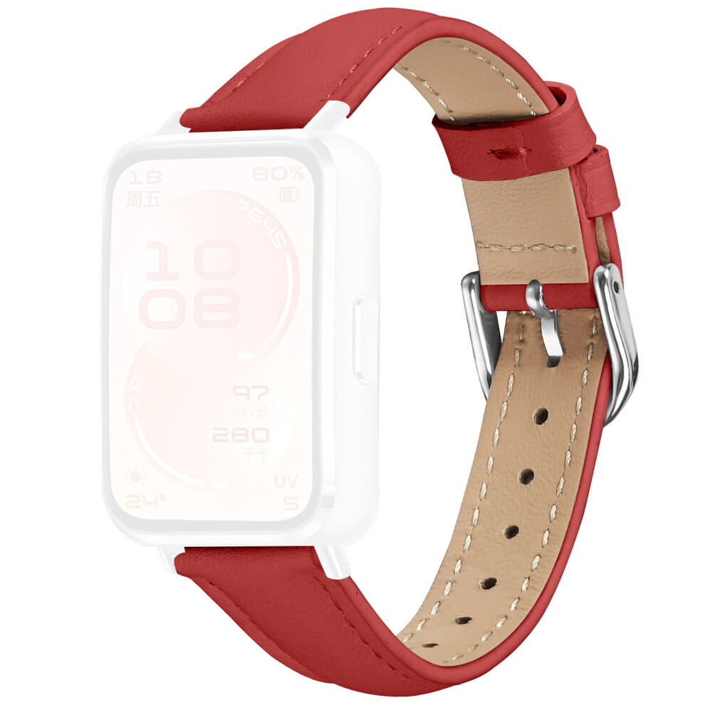 (Red) Watch Band For Huawei Band 11 Pro Nfc / 11 Nfc / 11 Pro / 11 Silver Buckle Slim Leather Strap Red,Silver 6914294649002