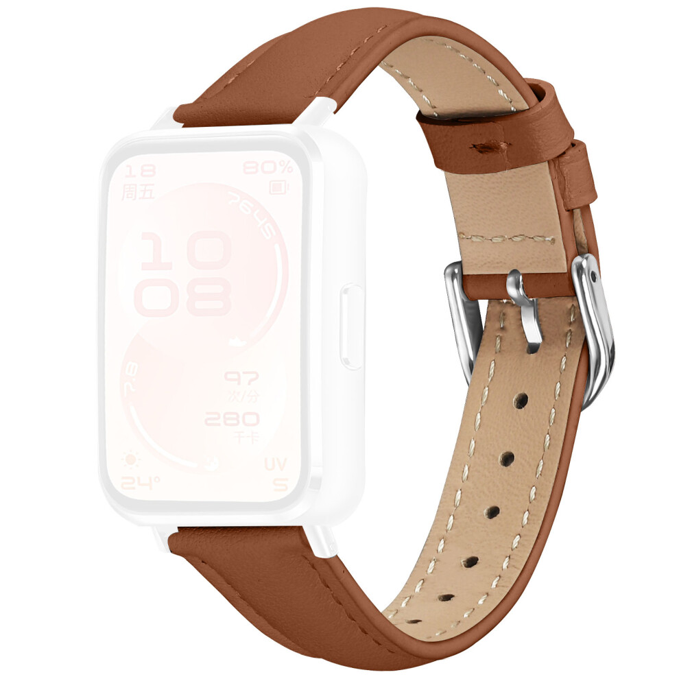 (Brown) Watch Band For Huawei Band 11 Pro Nfc / 11 Nfc / 11 Pro / 11 Silver Buckle Slim Leather Strap Brown,Silver 6914299502739