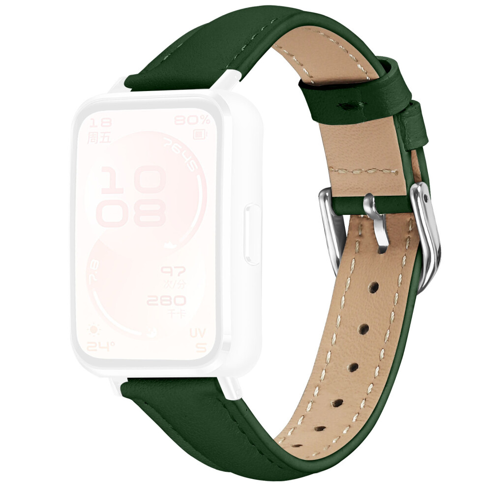 (Green) Watch Band For Huawei Band 11 Pro Nfc / 11 Nfc / 11 Pro / 11 Silver Buckle Slim Leather Strap Green,Silver 6914291709440