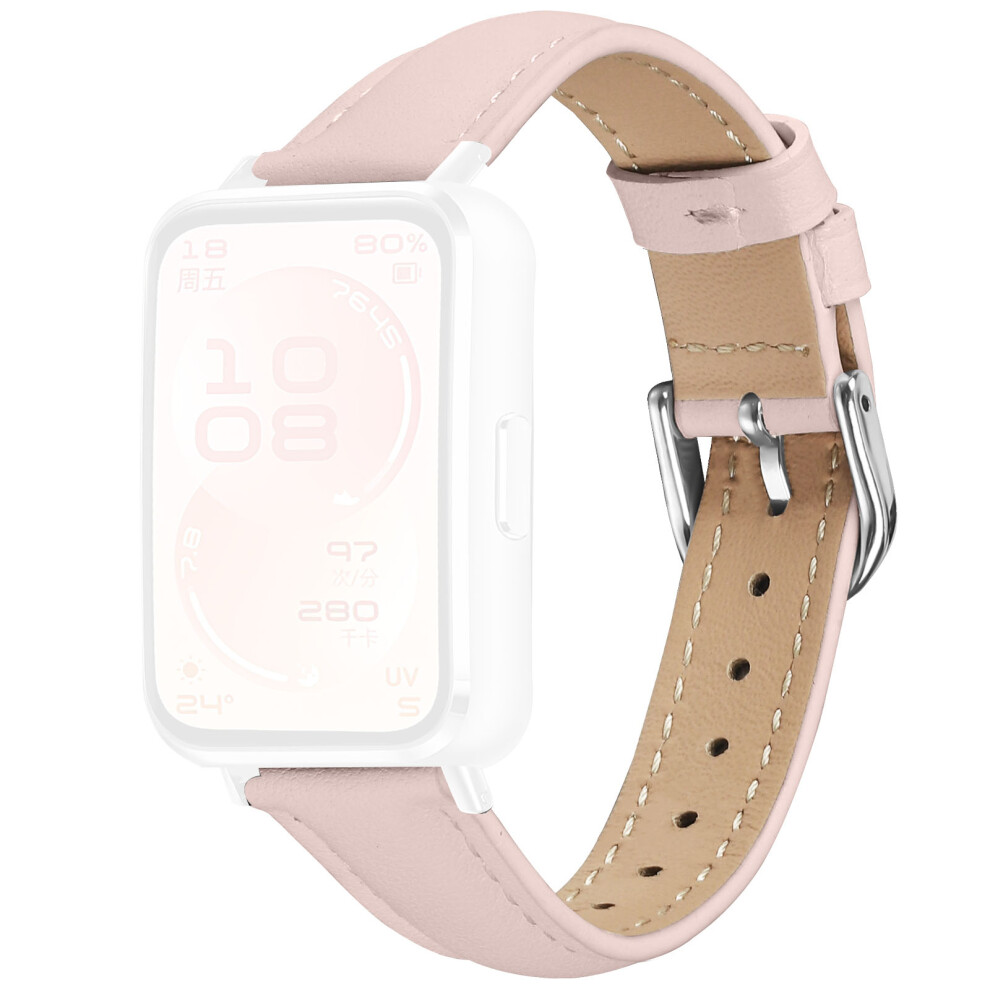 (Pink) Watch Band For Huawei Band 11 Pro Nfc / 11 Nfc / 11 Pro / 11 Silver Buckle Slim Leather Strap Pink,Silver 6914299871361