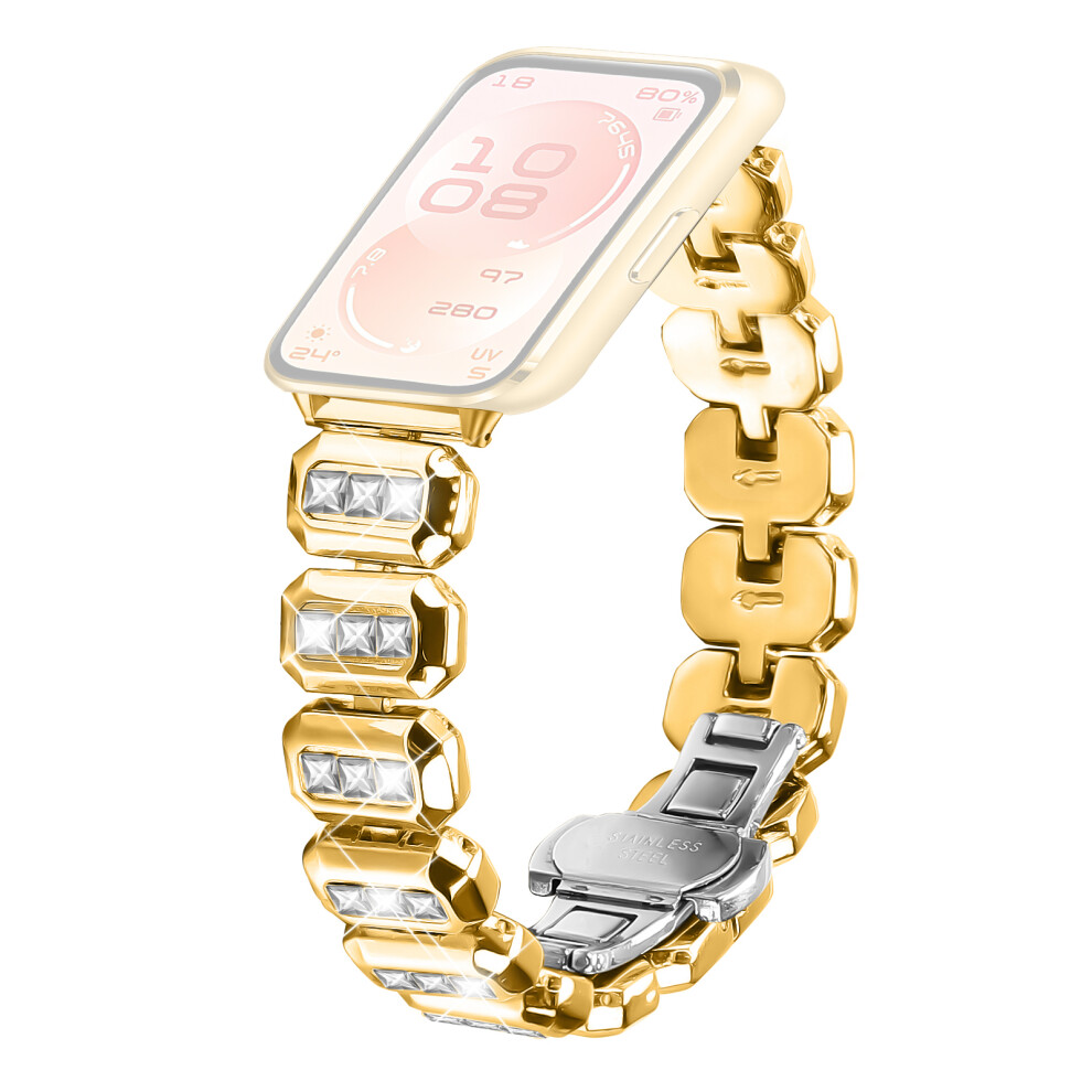 (Gold) Zinc Alloy Watch Band For Huawei Band 11 Pro Nfc / 11 Nfc / 11 Pro / 11 Square Rhinestone Decor Metal Strap Gold 6914290270385