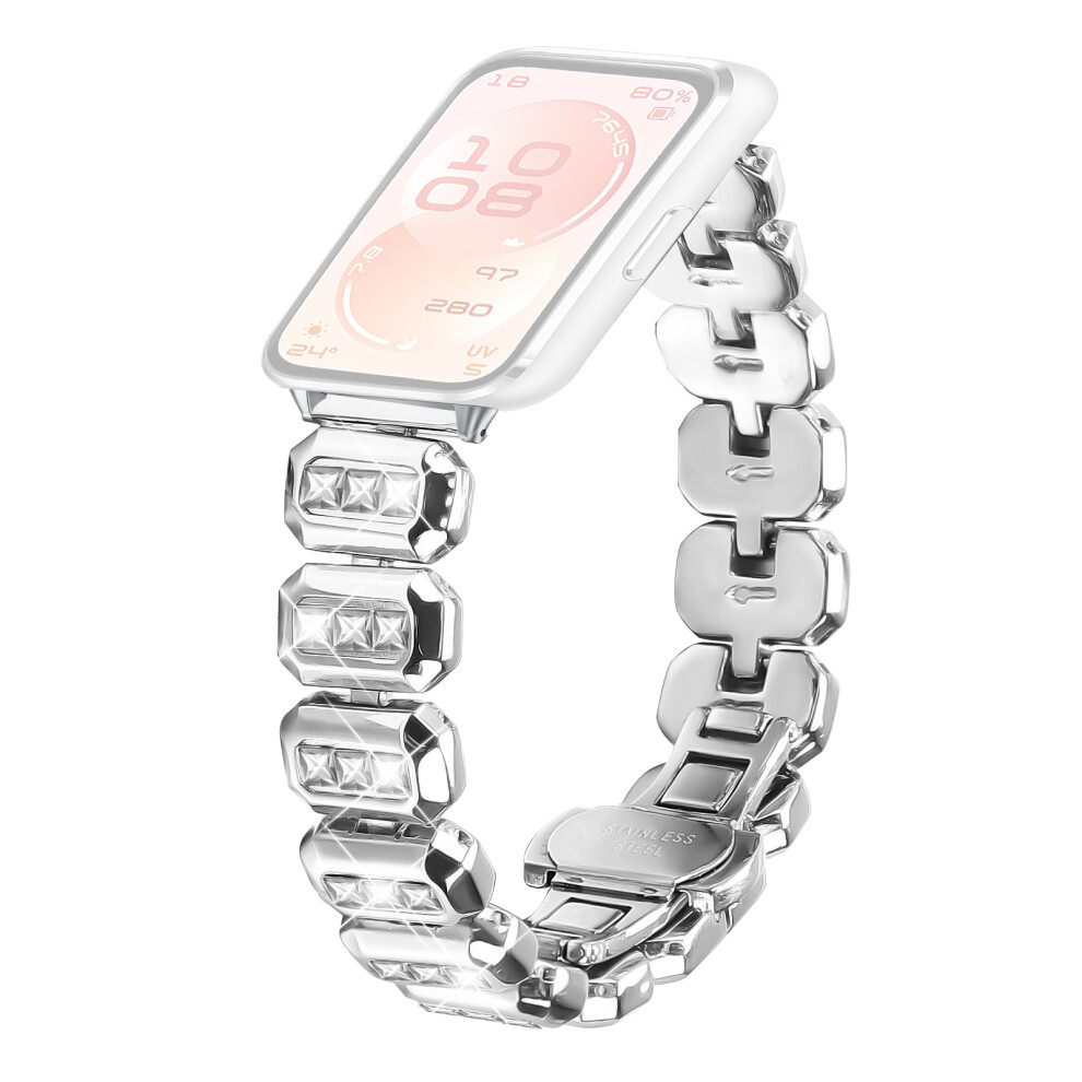 (Silver) Zinc Alloy Watch Band For Huawei Band 11 Pro Nfc / 11 Nfc / 11 Pro / 11 Square Rhinestone Decor Metal Strap Silver 6914290933020