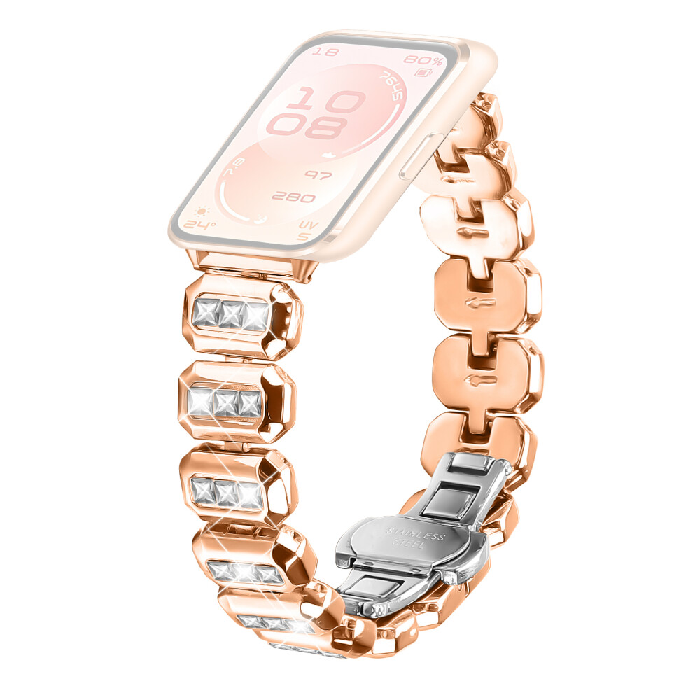 (Rose ) Zinc Alloy Watch Band For Huawei Band 11 Pro Nfc / 11 Nfc / 11 Pro / 11 Square Rhinestone Decor Metal Strap Gold 6914295059275