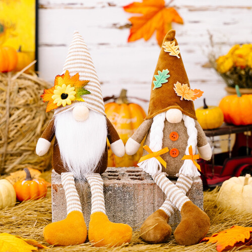 Herbstliche Wichtel-Dekoration – Gelber Plüsch-Regalsitzer (1 oder 2 Stück)