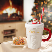 Mug de Noël en céramique avec couvercle et paille