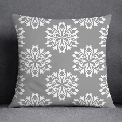 Cotton Linen Pillow Case Gray with White Flower Pattern