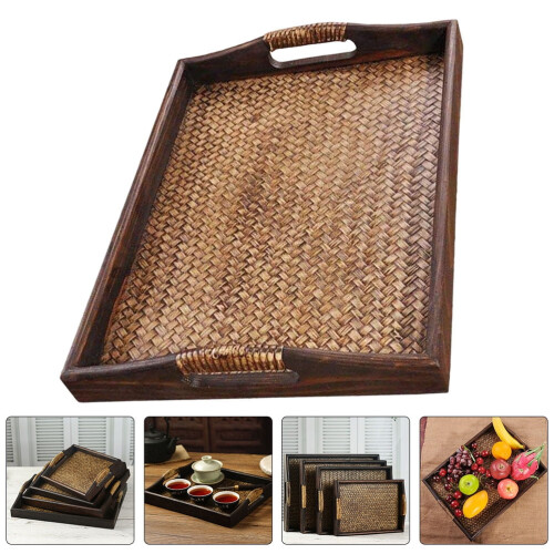 Bandeja de té rectangular de ratán y madera natural, 30x25 cm.
