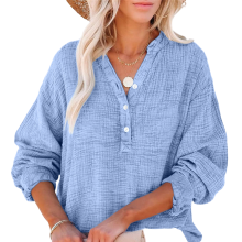 Women's Casual Button-Down V-Neck Long-Sleeve-Sky Blue XXL