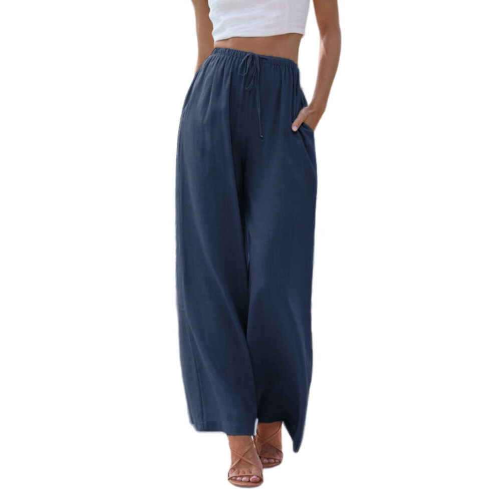 Solid color women's cotton and linen  wide-leg-Navy Blue XL