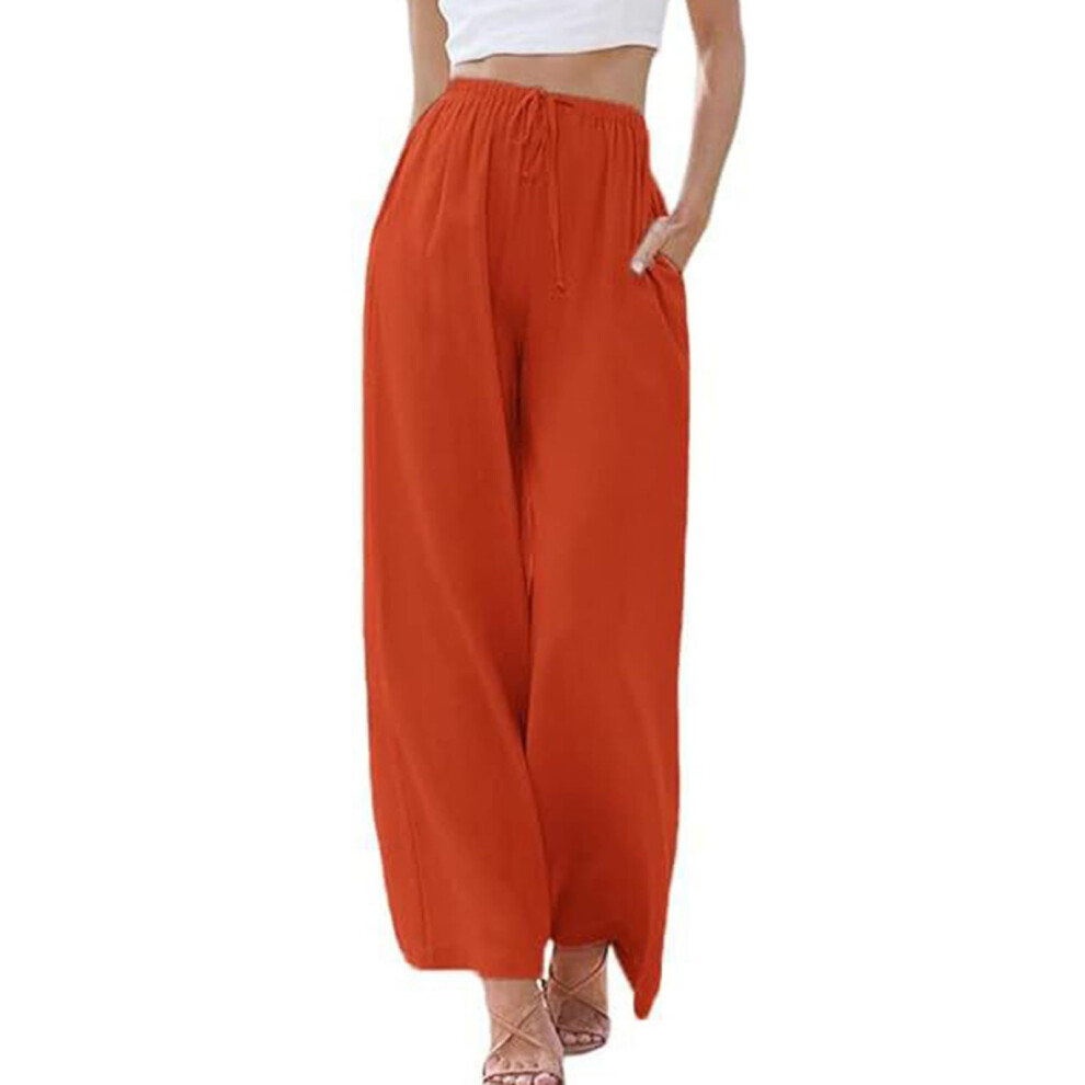 Solid color women's cotton and linen  wide-leg pants,-Red XL