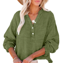 Women's Casual Button-Down V-Neck Long-Sleeve Shirt,-Green XXXL