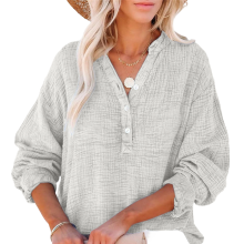 Women's Casual Button-Down V-Neck Long-Sleeve Shirt,-Gray XXL